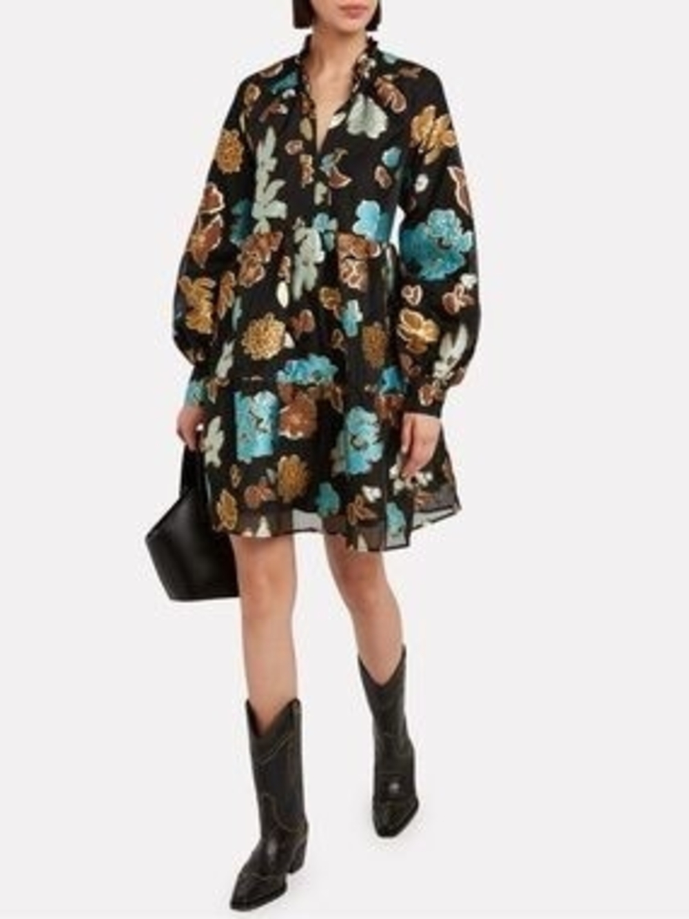 STINE GOYA Black Floral Tiered Long-Sleeve Mini Dress with Teal & Gold Motif
